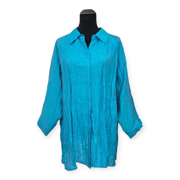 Peter Nygard | 1X | Turquoise Blue Linen Blend Crinkle Button-Down Tunic Shirt - Picture 1 of 8